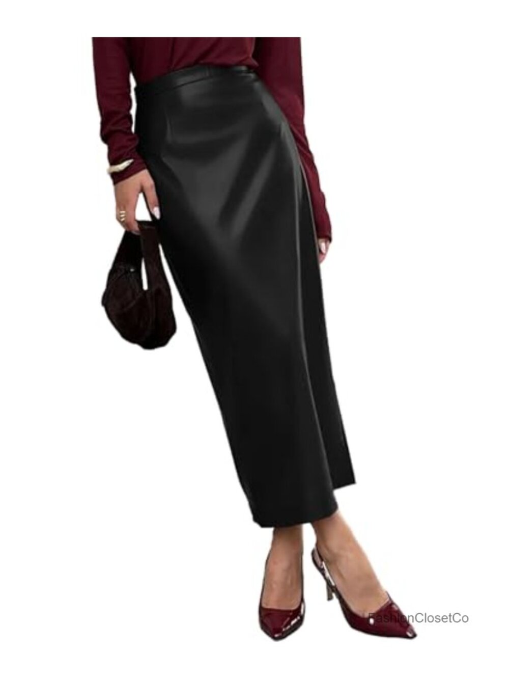 Faux Leather High Waist A Line Maxi Skirt with Back Slit